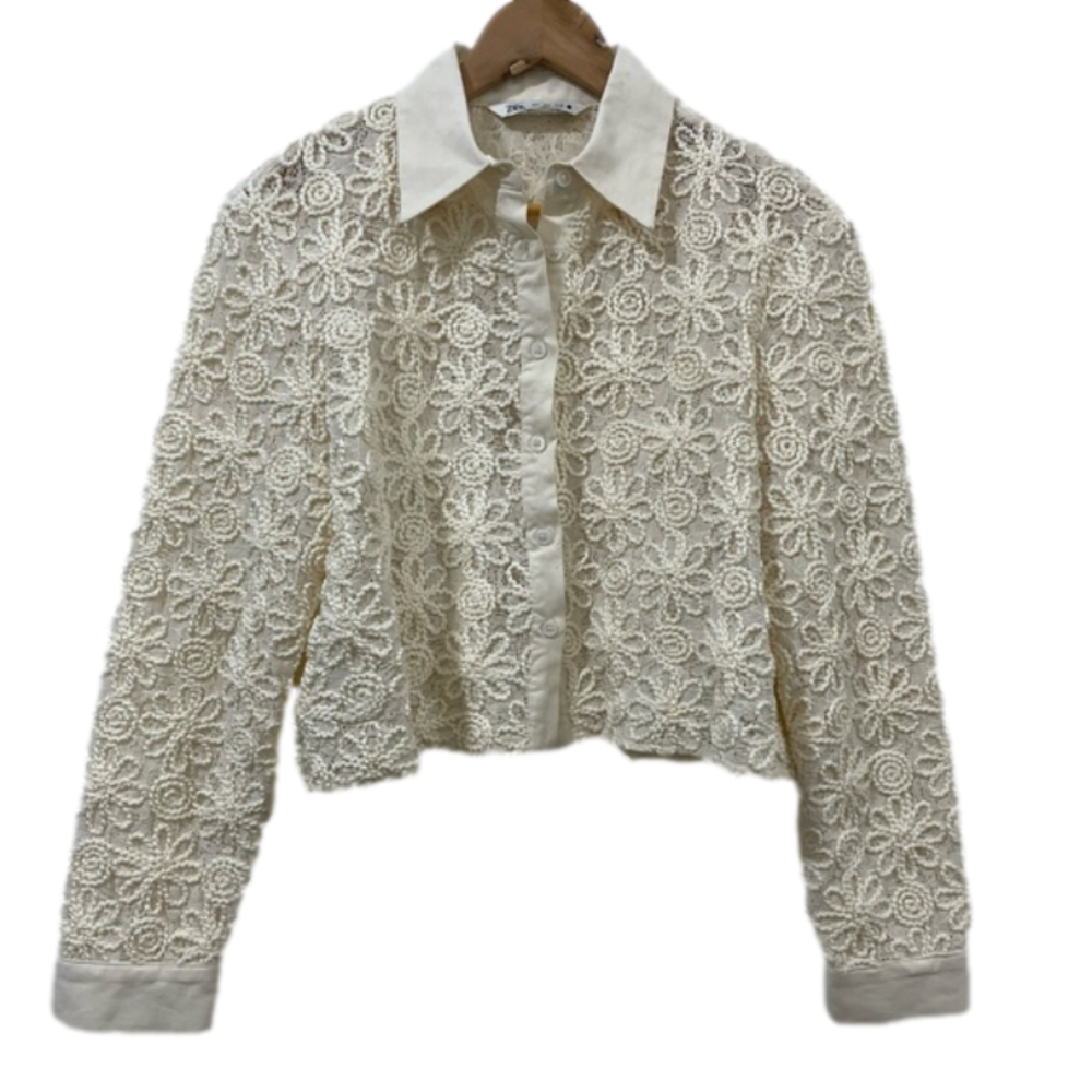 Zara Cream Lace Button Down Top